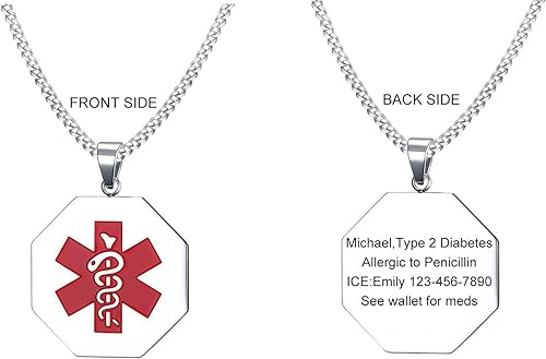 VNOX Collar con colgante personalizado de acero inoxidable con grabado personalizado para identificación de alerta médica de emergencia para hombres