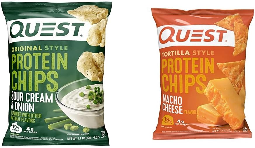 Quest Nutrition Protein Chips, Sour Cream & Onion, High Protein, Low Carb, Pack of 12 & Tortilla Style Protein Chips, Low Carb, Nacho Cheese 1.1 Ounce (Pack of 12)