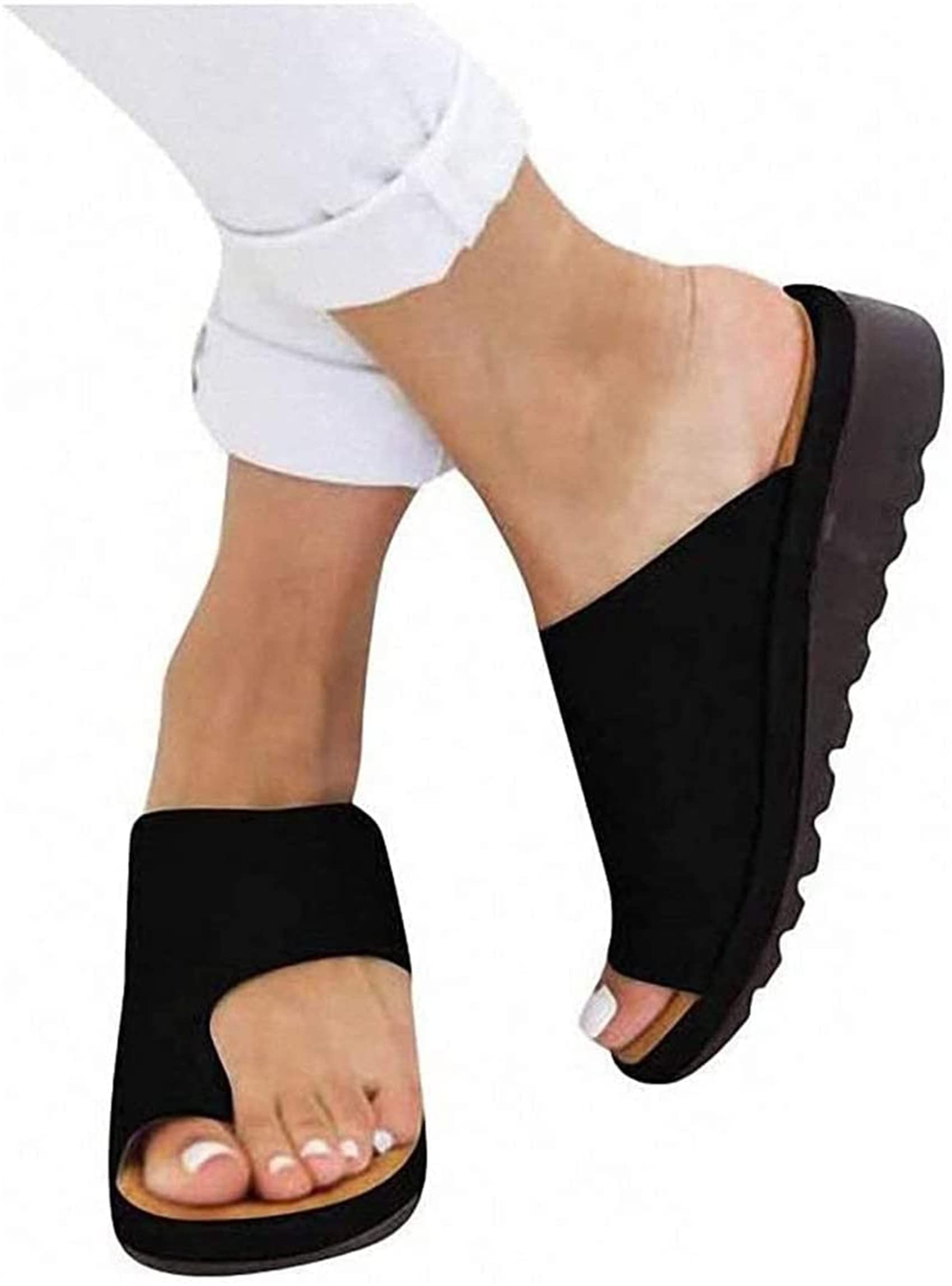 Bbpm Women's Black Summer Orthopedic Sandals Toe Separation Shoes Bunion Correction Flat Slipper Casual Sandals,,Eu37/Us6