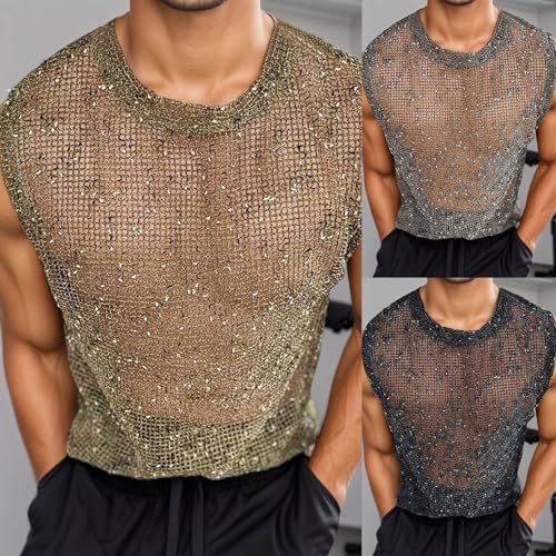 Camiseta de punto de rejilla para hombre, sin mangas, transparente, para hombre, sexy, sin mangas, de malla, camisa de deporte, transpirable, disco fiesta, lentejuelas, camiseta, verde, XL