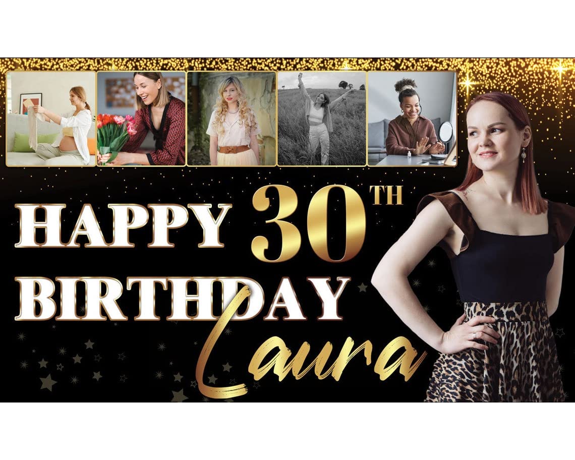 Personalisierbares Geburtstagsbanner – Mit Foto, Name & Alter, Schwarz-gold, 150x90 Cm