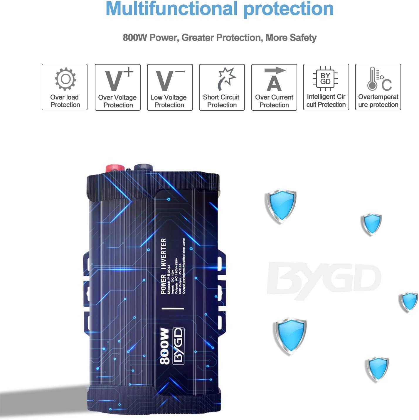 BYGD 800W Power Inverter Converter12v DC to 110v AC Inverter Car Plug Adapter Outlet Charger with Dual AC Outlet and 2 Quick Charging USB Ports for Vehicles, Power Inversor 800 Watts.