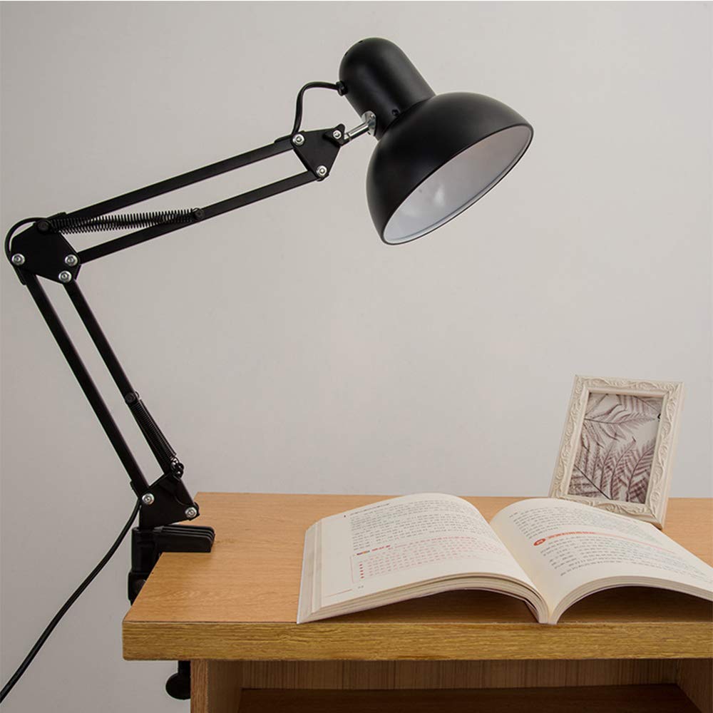 Lampada da tavolo, con fissaggio a molletta, colore: Nero Lampada da scrivania, lampada da tavolo braccio in metallo leggero, snodabile e regolabile, compatibile con lampadine LED E27