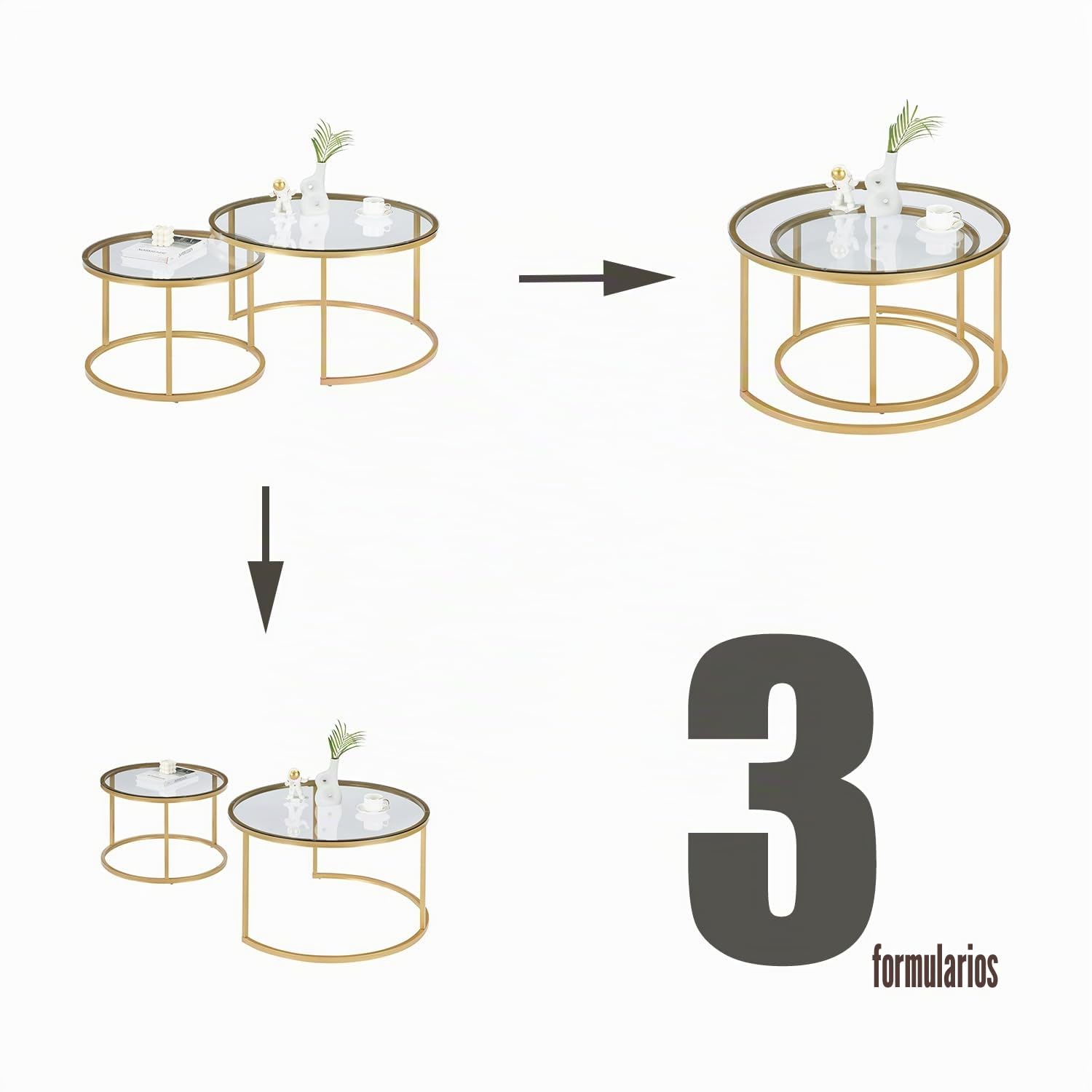 Mesas de centro doradas, mesa de café de cristal con estructura metálica dorada, juego de 2 unidades, mesa de salón redonda, mesa de salón, mesa para el sofá, 80 x 80 x 45 y 60 x 60 x 35 cm