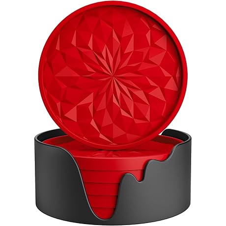 ME.FAN Red Silicone Coasters [6 Pack] with Durable Holder