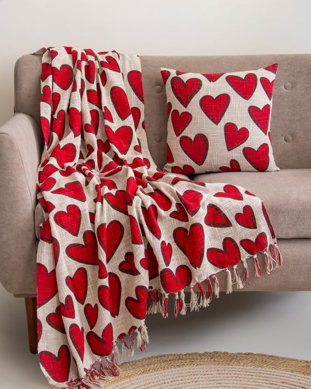 Image of Heart Printed Cotton Sofa Throw 50x70 Inches with 2 pcs Cushion Covers 16x16 inches, Pack of 3