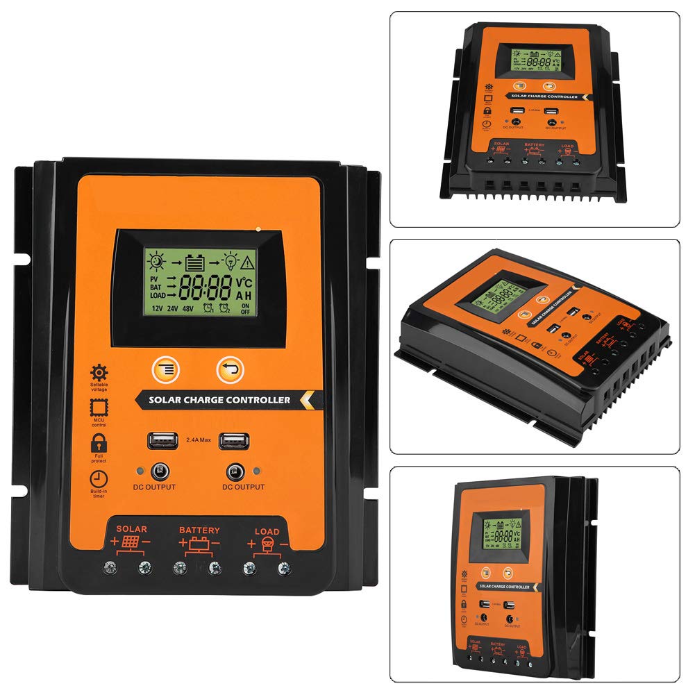 Controlador de Carga Solar, MPPT Controlador de Carga Solar de Plástico, Pantalla LCD Dual USB Regulador de Batería, para Automóviles y Motocicletas, Pequeño Applianc para el Hogar (70A)