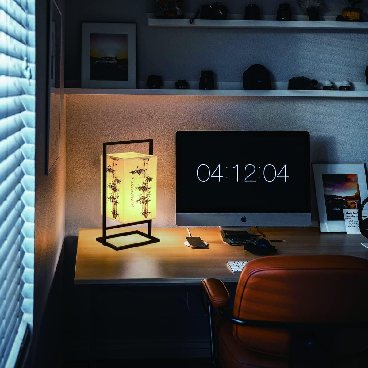 lámpara de noche dormitorio japonés, lámpara de escritorio Industrial marco Metal negro, lámpara de mesa con pantalla de tela cuadrada para dormitorio (interruptor de botón, bambú)