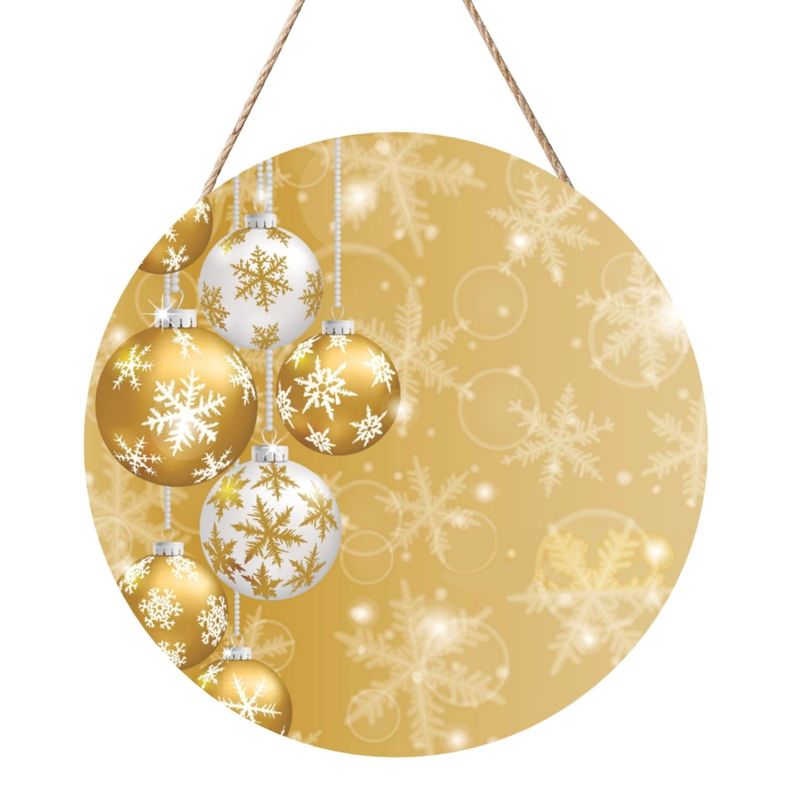 InOmak Gold Christmas Ball Snowflake Xmas, Round Wood Panel Painting 12 in, Wall Hanging Painting For Home