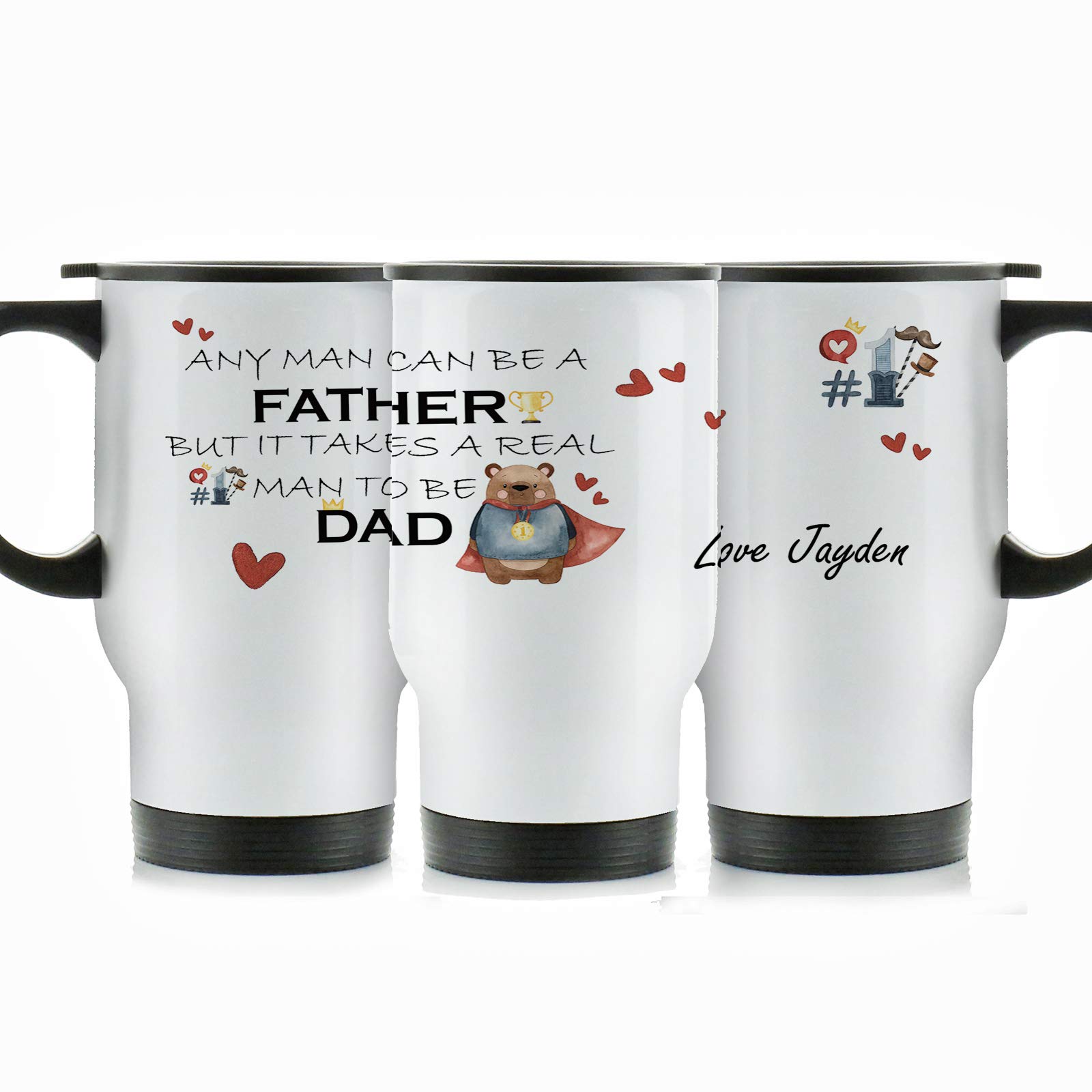 Hairyworm Personalised Travel Mug, 400ml White Stainless Steel Travel Mug with Handle, Customised with Initial/Name, 'Any Man Can be a Father' Bear Cape Design Print โ image 1