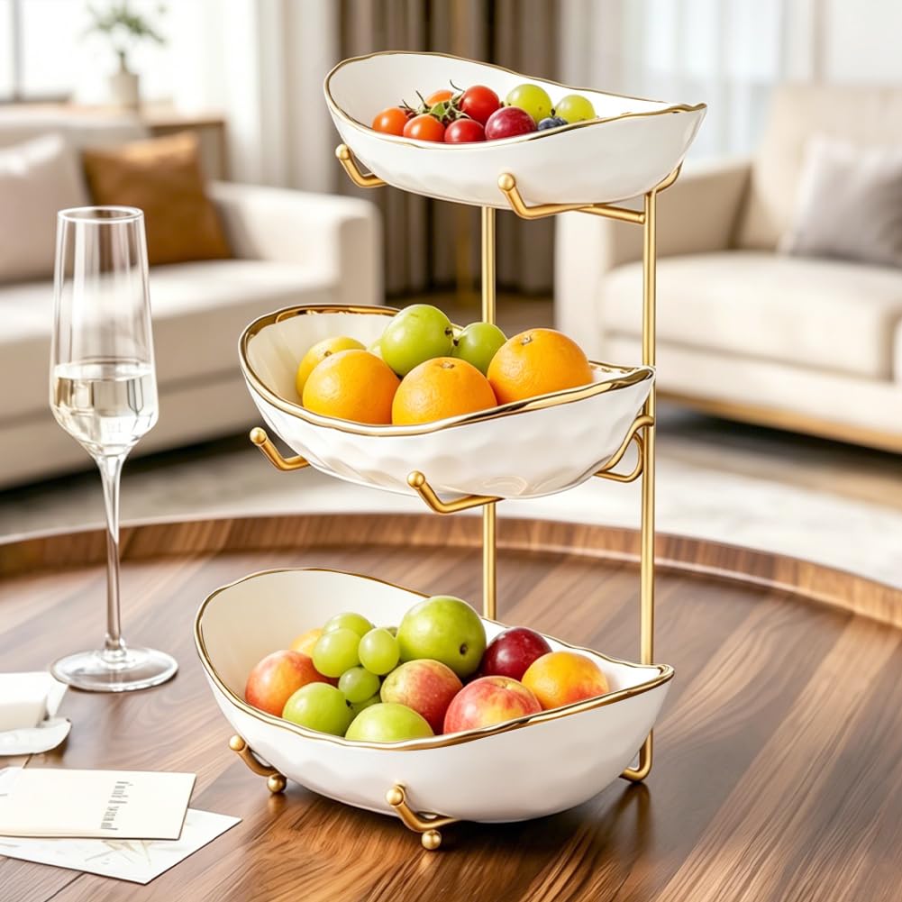 LOMUG 3 Etagen Obstschale Keramik mit Metallgestell, Etagere Obstkorb Platzsparend Stabil Modern, für Obst Gemüse Snacks Kuchen Nüsse, Deko Schale Küche Wohnzimmer Party Hochzeit (Weiß)