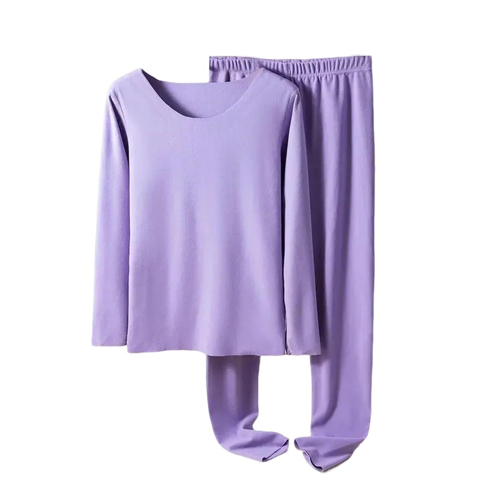 Cotton Pajamas for Women Set 2 Piece Long Sleeve Top and Pants Fleece Thermal Sleepwear Comfortable Lounge Set