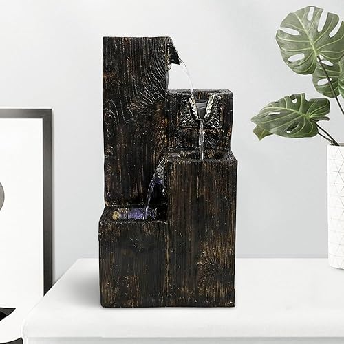 Fuente de agua de mesa de 4 niveles con luz LED, 15.7 pulgadas de alto, moderna cascada de madera de resina para interiores y decoración relajante
