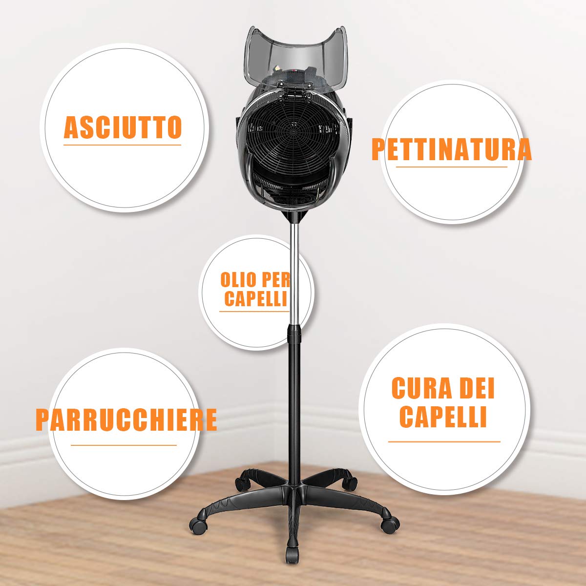 DREAMADE Casco Asciugacapelli Professionale in Piedi con Cappuccio Portatile Altezza Regolabile per Barbiere Salone Parrucchiere 1050 W, Temperatura 40-75 °C, Timer 0-60 Minuti, Altezza 125-160 cm