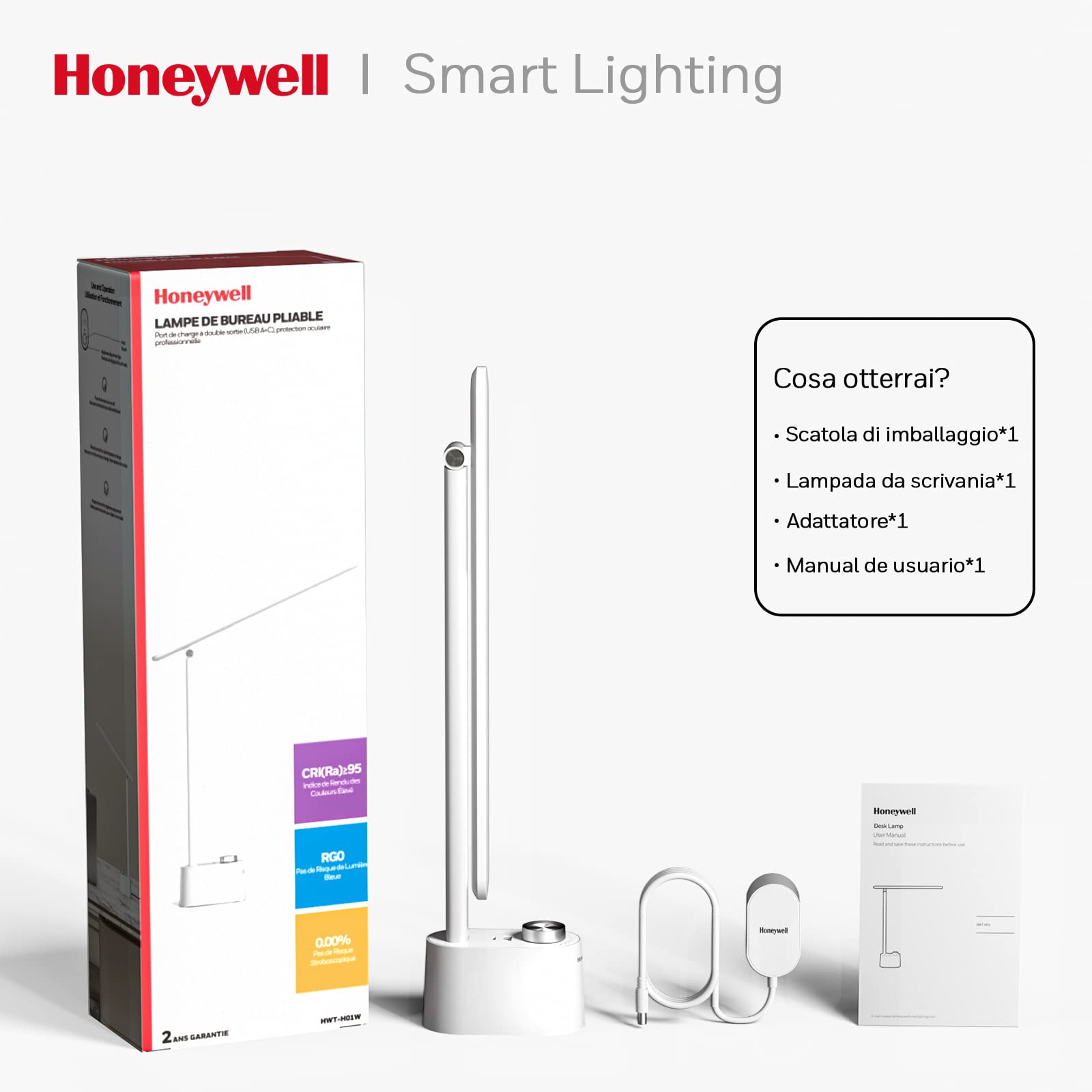Honeywell lampara escritorio con puerto de carga USB - Escritorio LED flexo regulable para el cuidado de los ojos para la oficina en casa, lámpara de mesa pequeña portátil plegable trabajar, HWT-H01