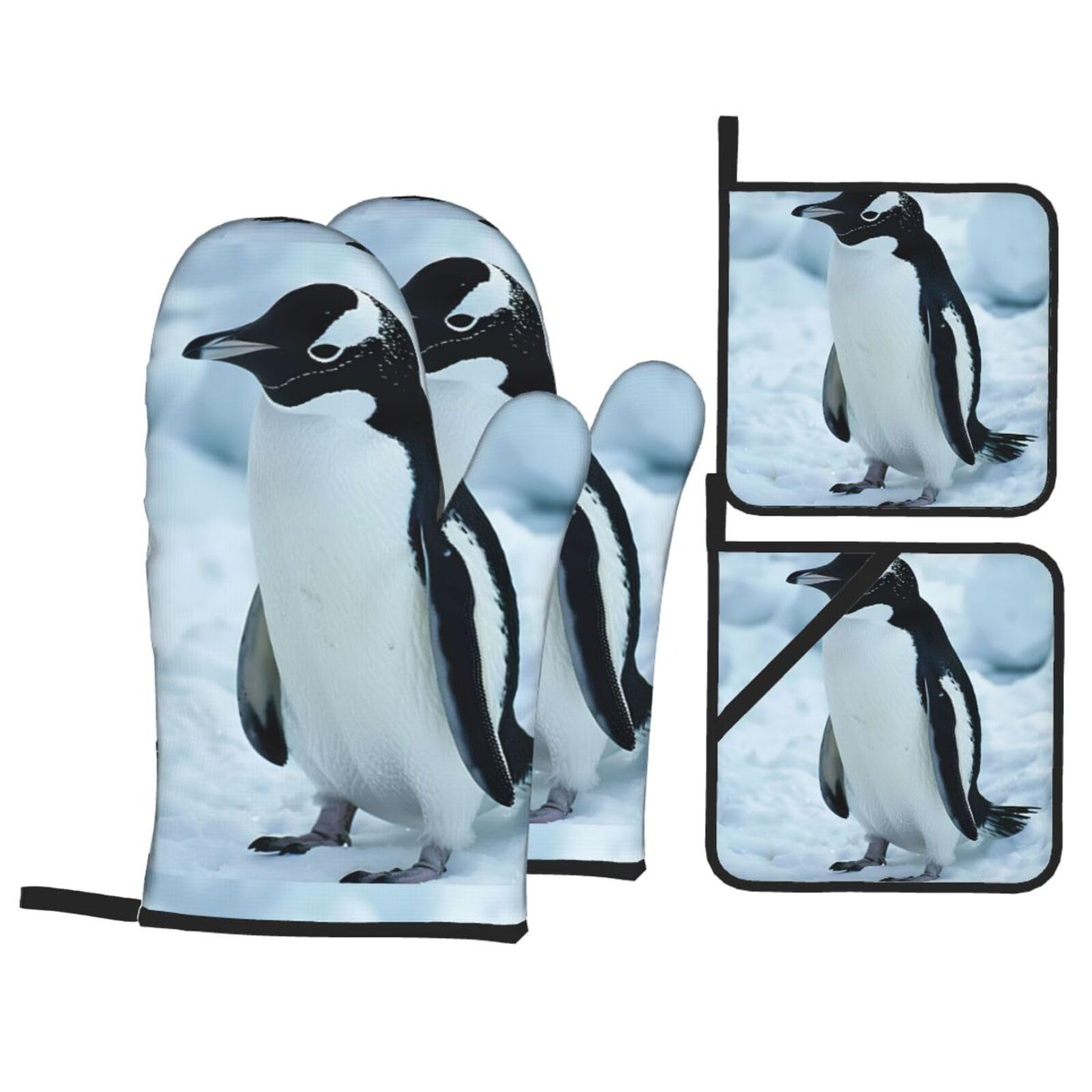 Penguin Print Kitchen Oven Mitts And Pot Holders Set,Hanging Loop Design For Cooking Baking Bbq