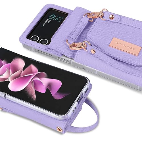 Ximand For Flip Case With Leather Wallet,Wristlet Strap Zipper Wallet Hinge Part Protected For Samsung Galaxy Z Flip 3 5G,Fashion Handbag Gift For Women Ladys(Purple) #TOP6