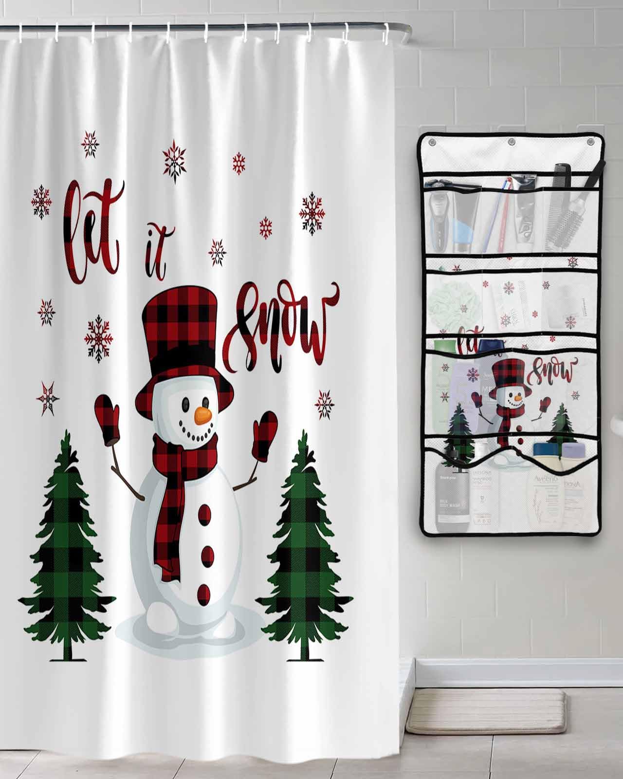 Shower Curtain Mesh Shower Organizer Hanging Set Christmas Snowman Green Plaid Xmas Tree Waterproof Shower Curtains with 10