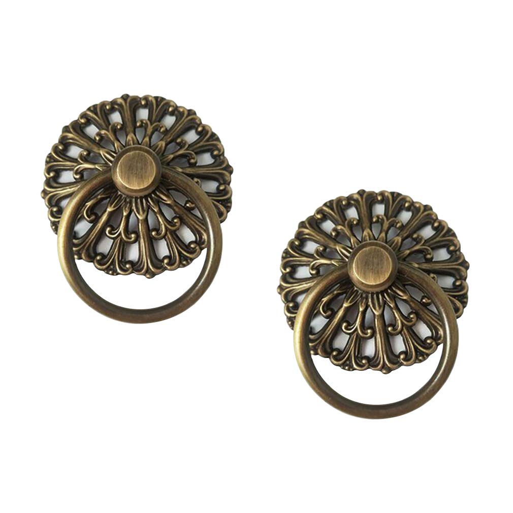 JFGCTYHXY Drawer Handles, 2Pcs Antique Brass Hollow Pattern Pulls Handle Wardrobe Drawer Vintage Furniture Hardware Pure Copper Pull Ring(Antique Bronze)