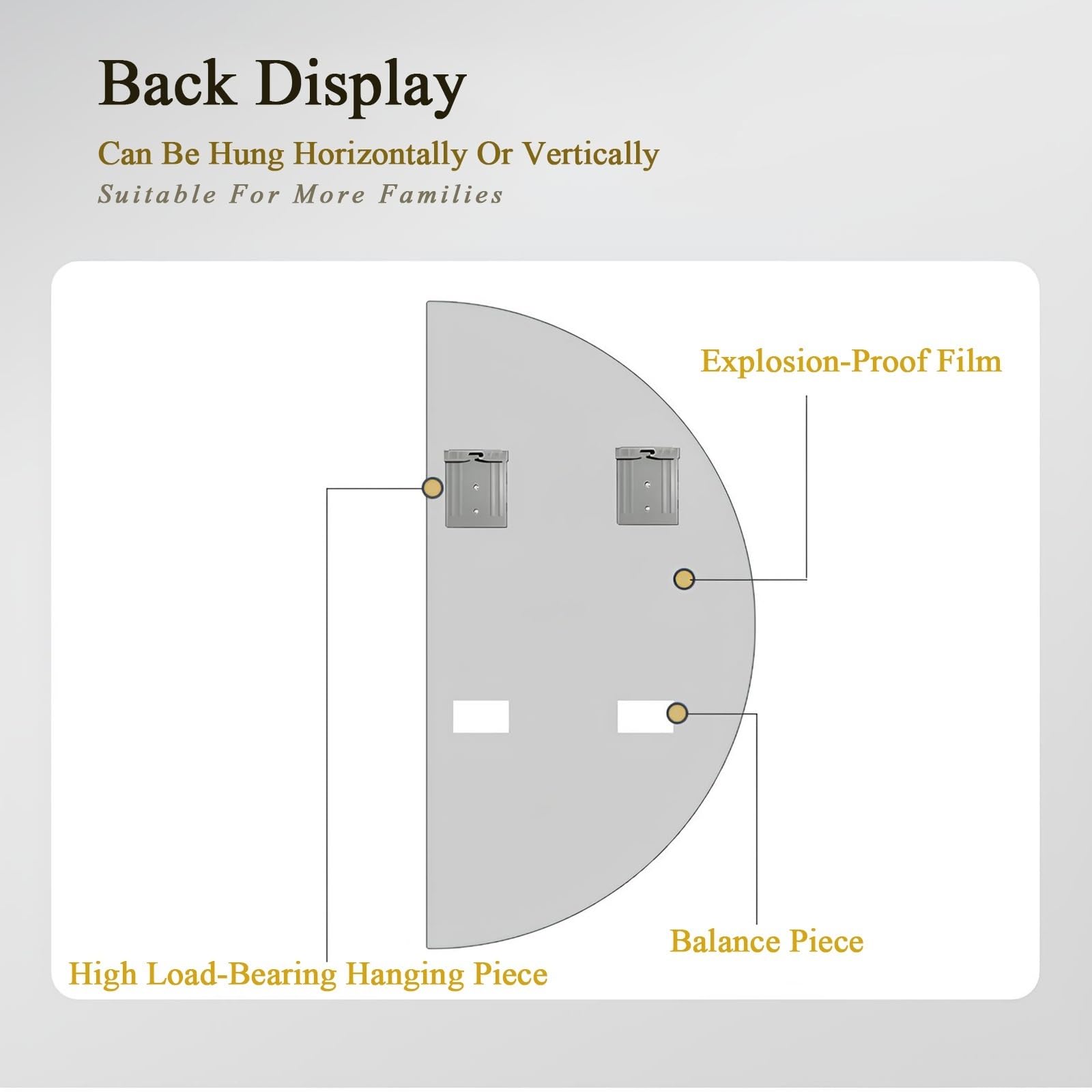 Specchio da Trucco Semicircolare da 40 * 80 Cm per Camera da Letto Ingresso Soggiorno Specchio da Bagno Antideflagrante Senza Cornice Impermeabile da Appendere(40 * 80cm/15.75 * 31.5in)