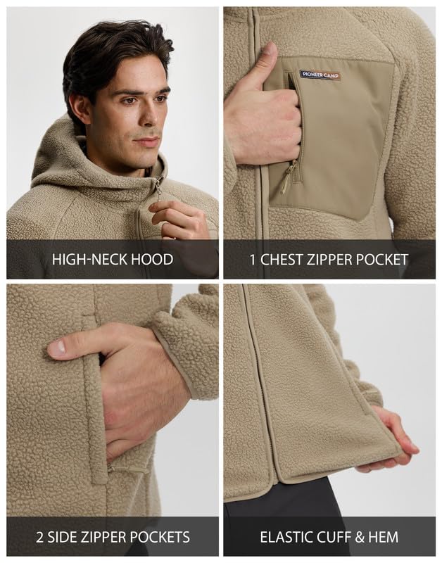 Pioneer Camp Giacca in pile da uomo con cappuccio, calda, traspirante, con chiusura lampo, per attività all'aria aperta, con 5 tasche, per escursioni, trekking