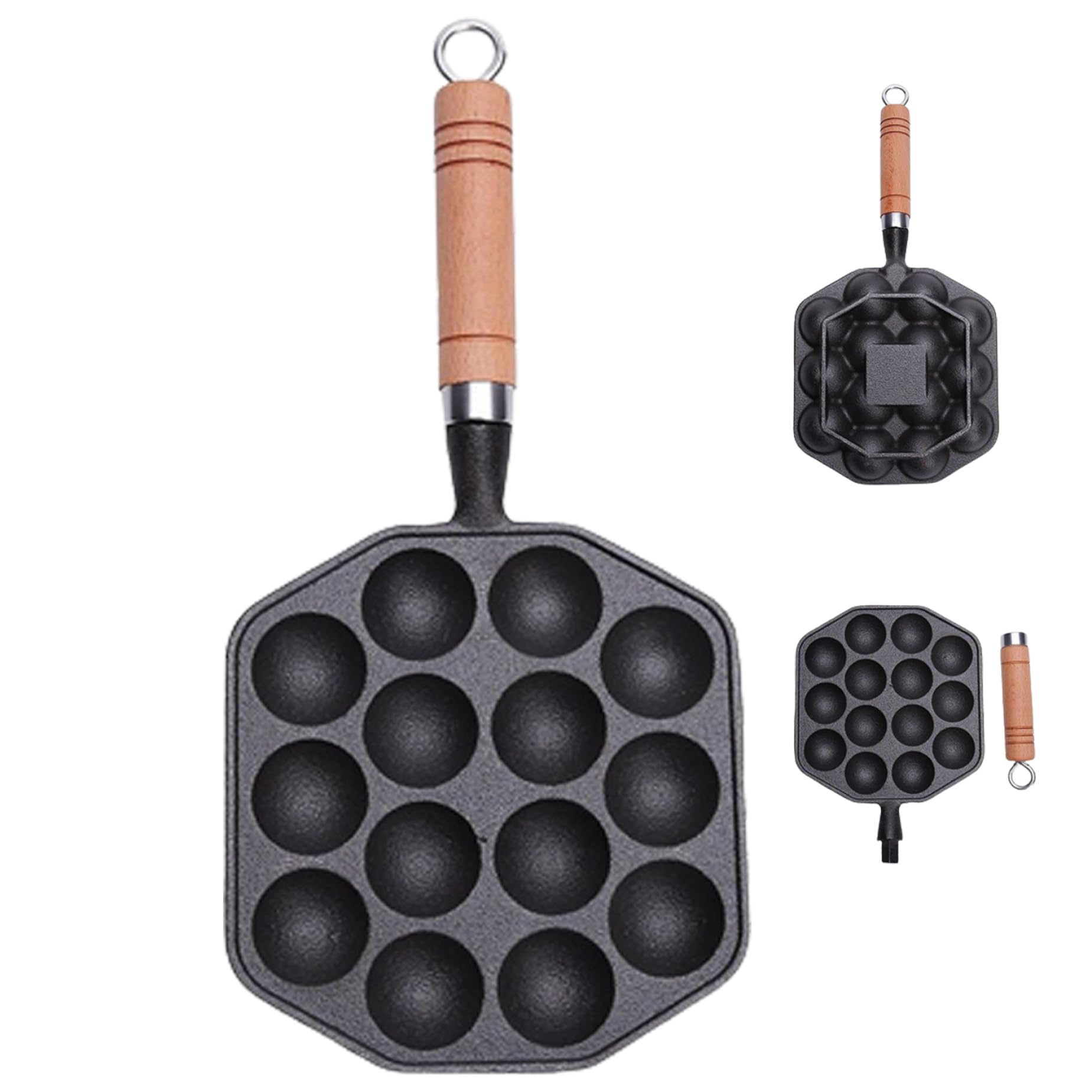 Takoyaki-Pfanne mit 14 Löchern, antihaftbeschichtete Gusseisenpfanne, abnehmbarer Griff
