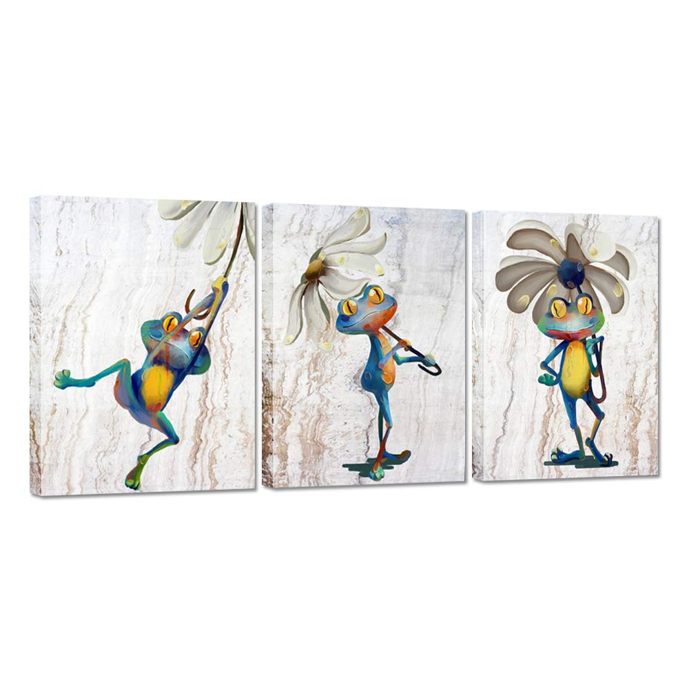 Zlove 3 Pieces Frog Animal Canvas Wall Art Funny Frog with Flower Umbrella Picture Artwork for Kids Room