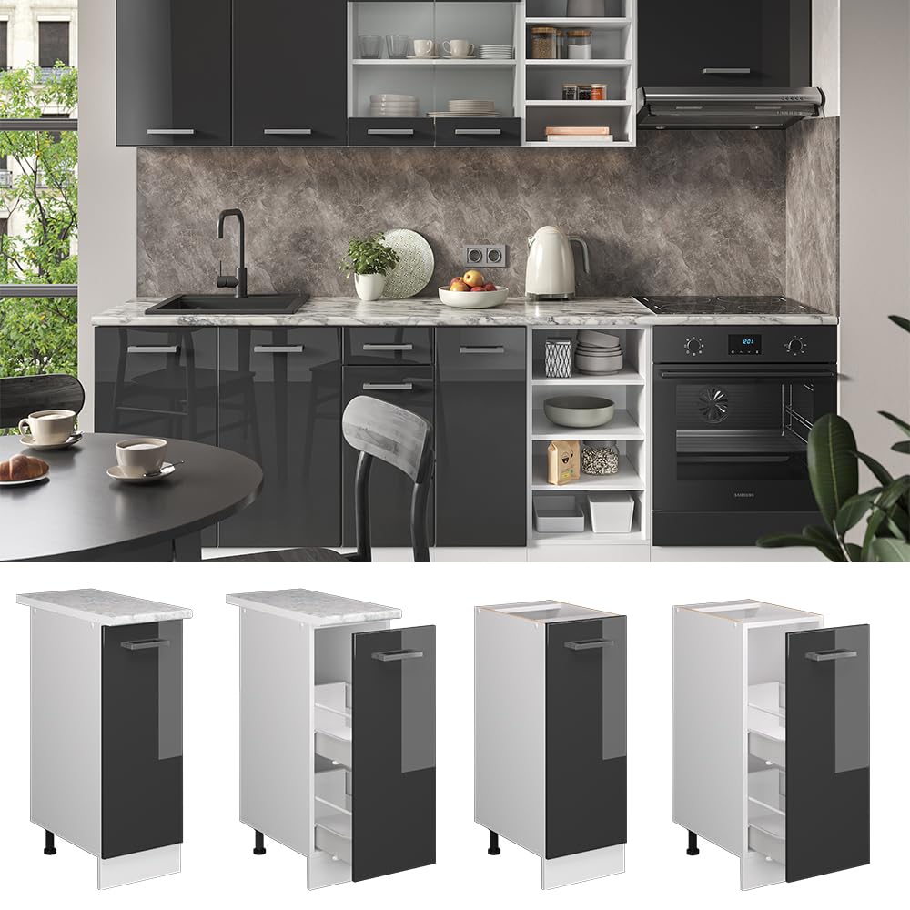 Vicco Armadio cucina dispensa alto R-Line, Antracite lucido, 30 cm senza piano di lavoro, per la libera combinazione all'interno di sistemi cucina modulari