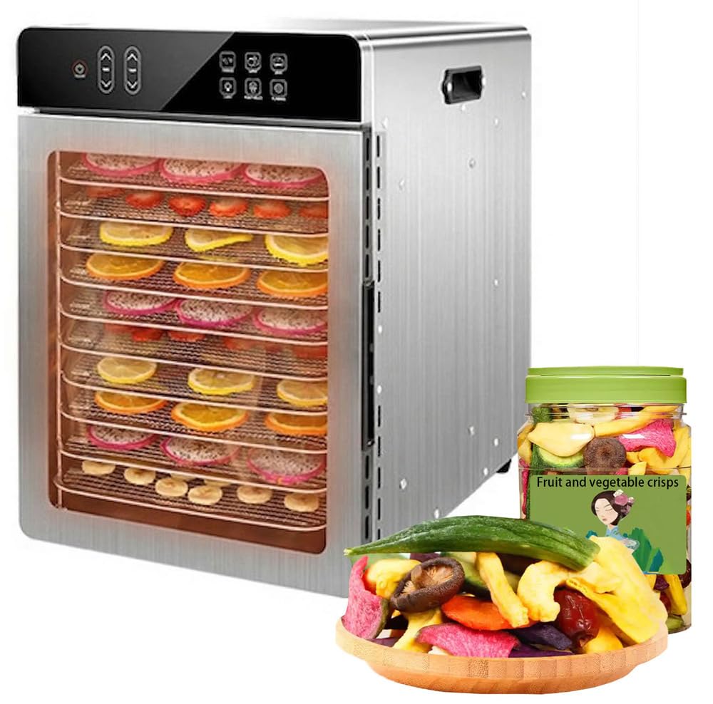 Odwadniacz żywności do suszonego, 10 tacek ze stali nierdzewnej, 9 m² odwadniacz mięsa z cyfrowym timerem i kontrolą temperatury 90°C, 4 ustawienia wstępne, elektryczna suszarka 800 W do owoców, ziół