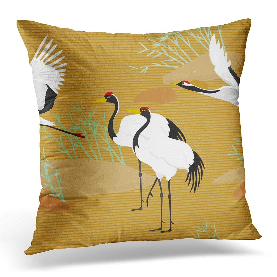 Awowee Color 20 Cushion Cover 45X45cm/18X18inches Beige Chinese Cranes Japanese Pattern Oriental Motifs Yellow Longevity Home Decor Throw Pillow Cover Square Pillowcase For Bed Sofa
