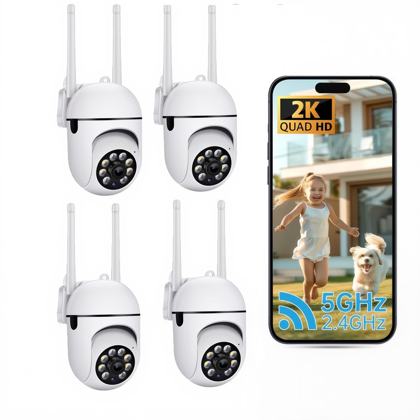 Juego de 4 cámaras de vigilancia WiFi 1080P 3MP 360° 5GHz/2.4GHz, visión nocturna, audio bidireccional, detección de movimiento