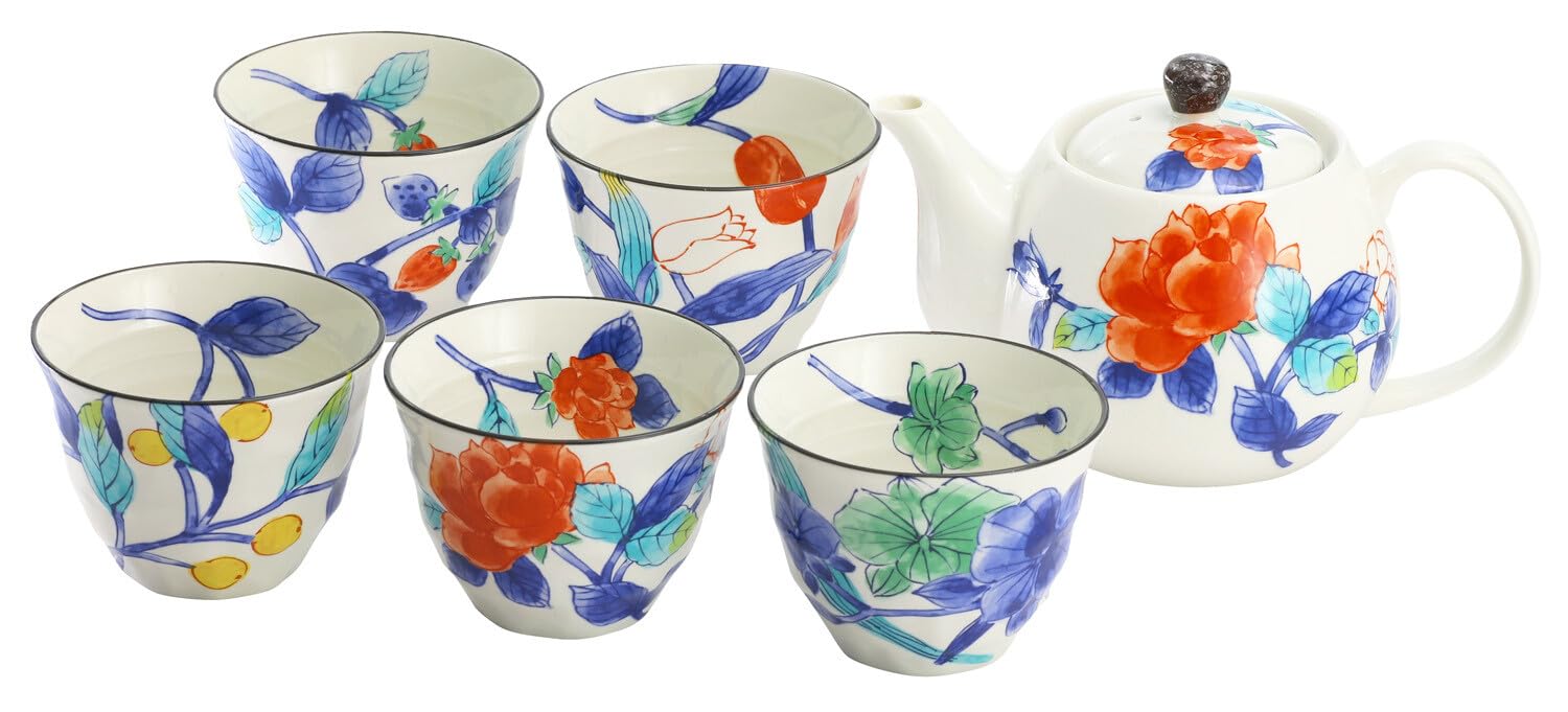 Amazon.co.jp: 美濃焼 5客ポット茶器（煎茶碗5客とポットセット） (花 