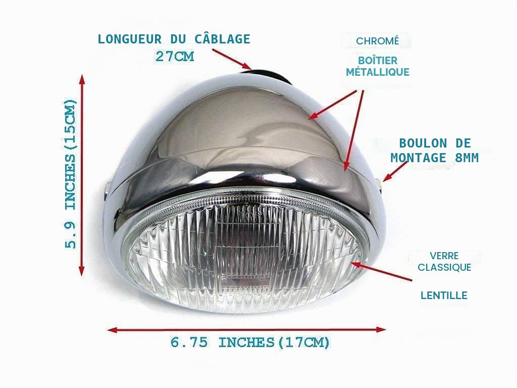 Phare de Moto de 6,75" Pour les Café Racer Rétro et Plus Encore | Ajustement Universel, Ampoule H4 12 V/55 W (Chromé)