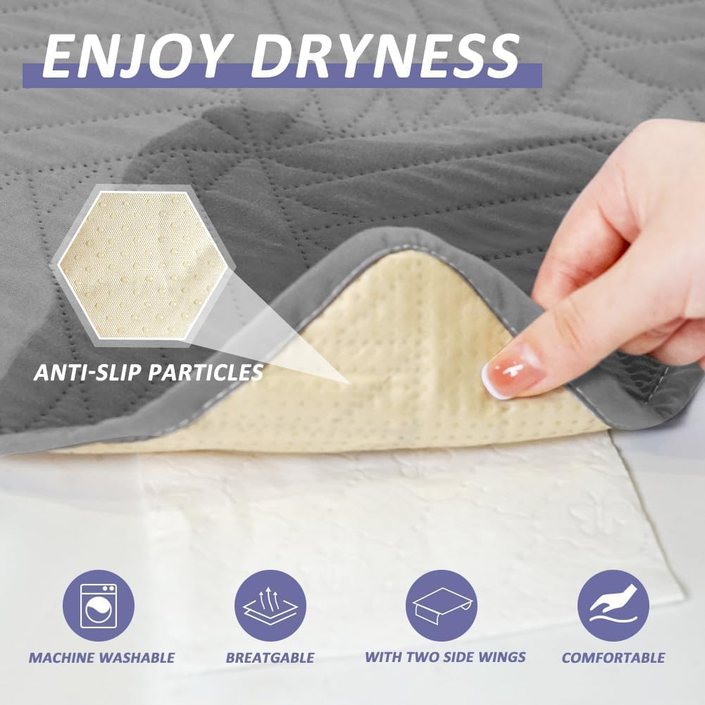 DUJUIKE Assorbente Per Incontinenza Lavabile Con Ali, Coprimaterasso Impermeabile, Lenzuolo Assorbente Riutilizzabile Per Incontinenza E Pipì A Letto, Fondo Antiscivolo (Grigio Chiaro, 2pcs(90×135cm))