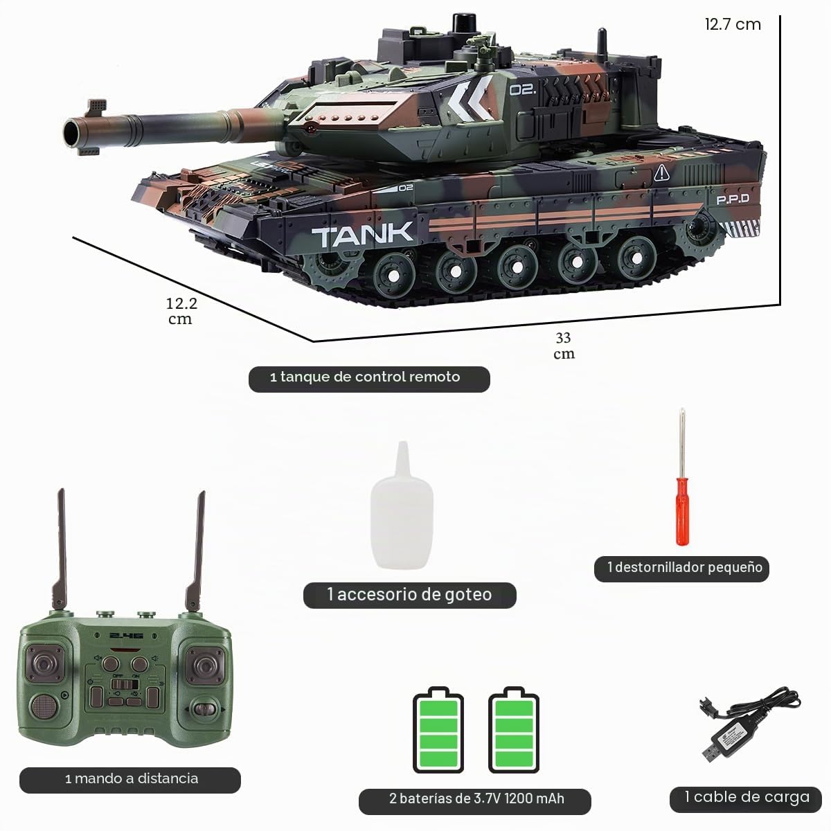 Vehículo de tanque teledirigido Hitish RC que dispara para niños y adultos, juguete de tanque del ejército con sonido de demostración automático, luz de humo, modelo de vehículos militares de 13