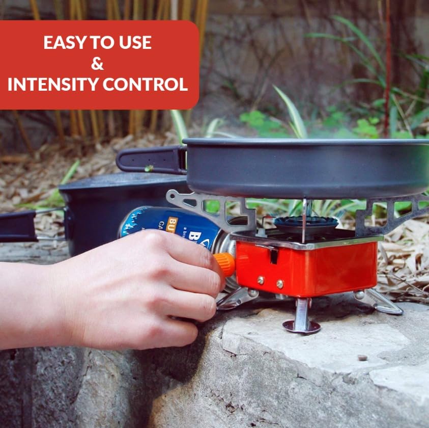 Image of camping stove with cylinder | camping gas stove | Camping Stove - 2800W Ultra-Light Picnic Cooking Gas Burner, Folding Emergency Stainless Steel (Stove + 4 Butane)