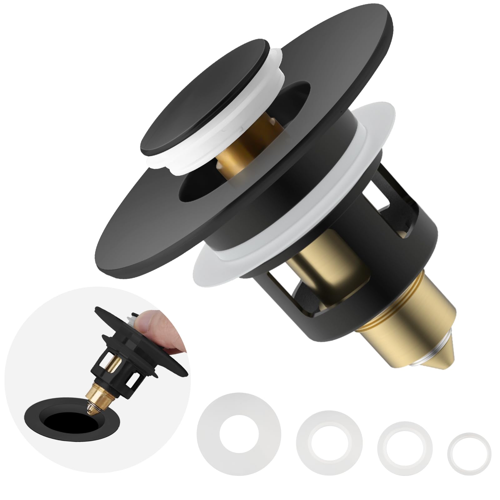 Universal 2 in 1 Bathroom Sink Stopper, All Metal Pop Up Sink Strainer with Anti-Clogging Filter Basket, for Standard 1"-2.3" Basin Drain Holes, Matte Black