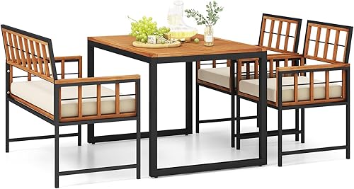 HAPPYGRILL Juego de comedor de madera de 4 piezas para patio con 1 mesa, 1 sofá biplaza y 2 sillones, mesa y sillas al aire libre con agujero para