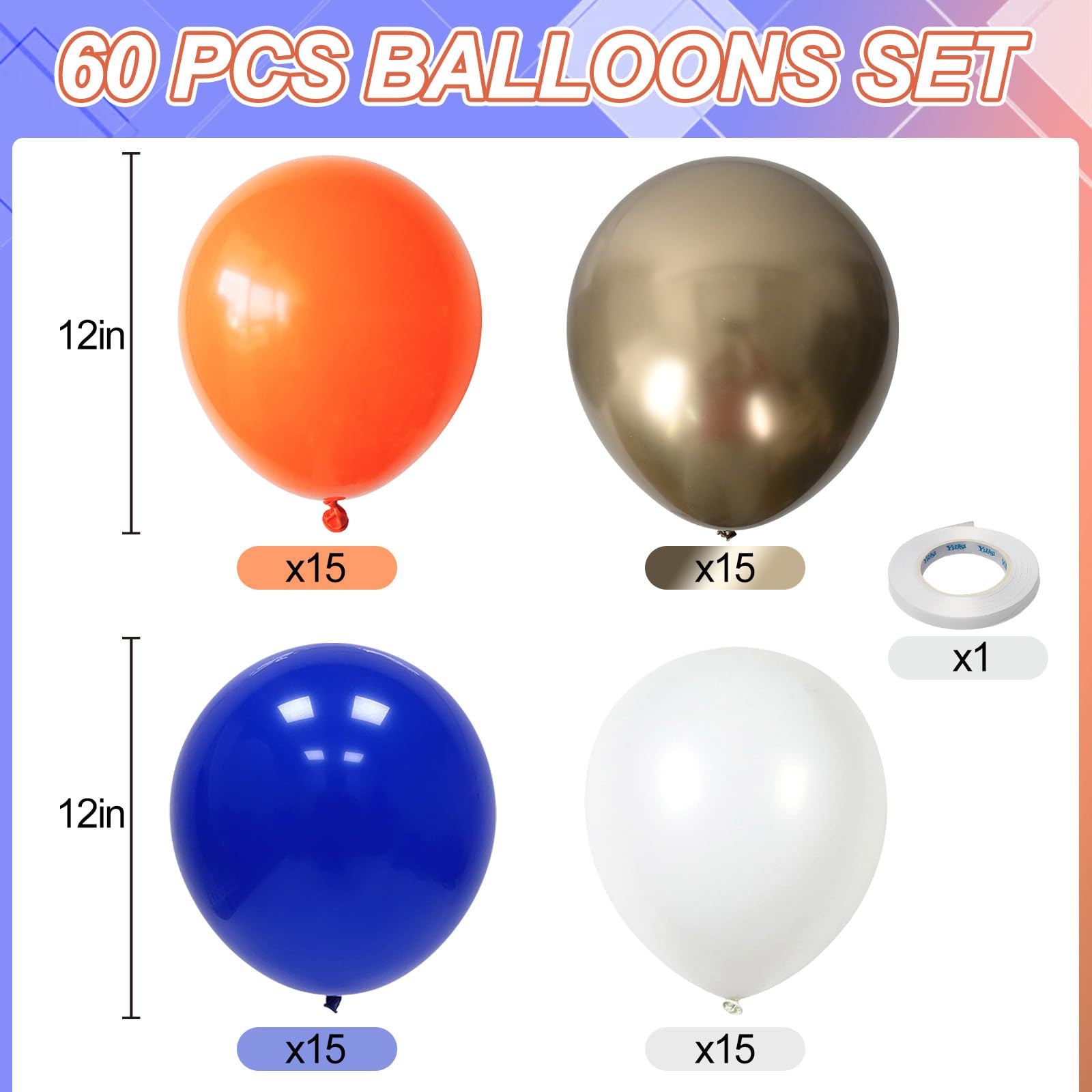 Froova Orange and Blue Balloons, 60 PCS 12 Inch Royal Blue and Orange Gold White Balloons for Kids Boys Cartoon Party Graduation Baby Shower Thanksgiving Autumn Birthday Party Decorations