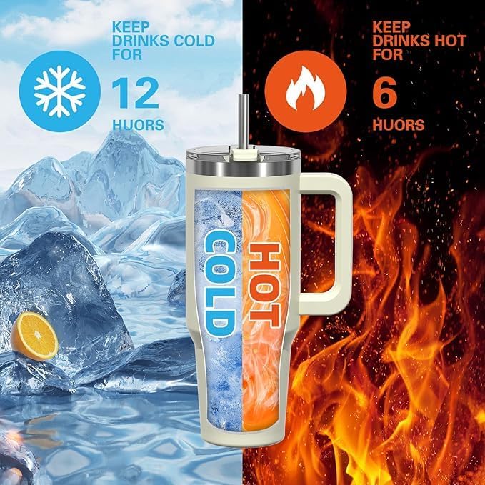 Image of Zephorus Personalised with Your Name,1200ml with Straw-Handle - Stainless Steel Double Wall Insulated Cup| Leakproof Sipper Mug for Hot - Cold Drinks|Coffee-Water (40 - Oz - Cream)