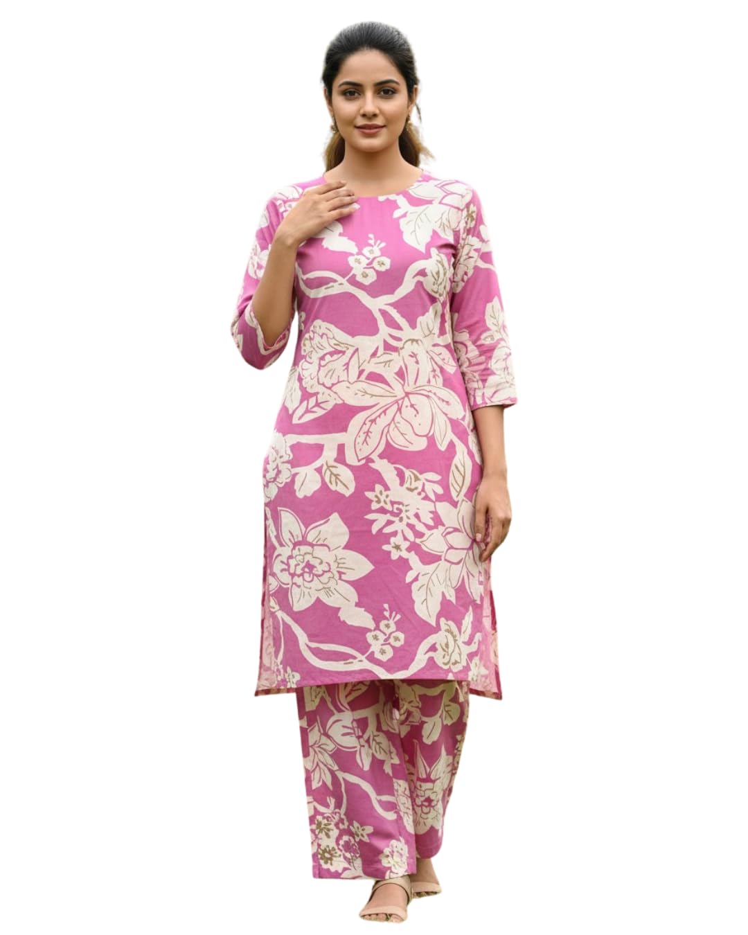 Women Cotton Floral Design Round Neck 3/4 Sleeve Kurti with Pant Set for Women-image-10