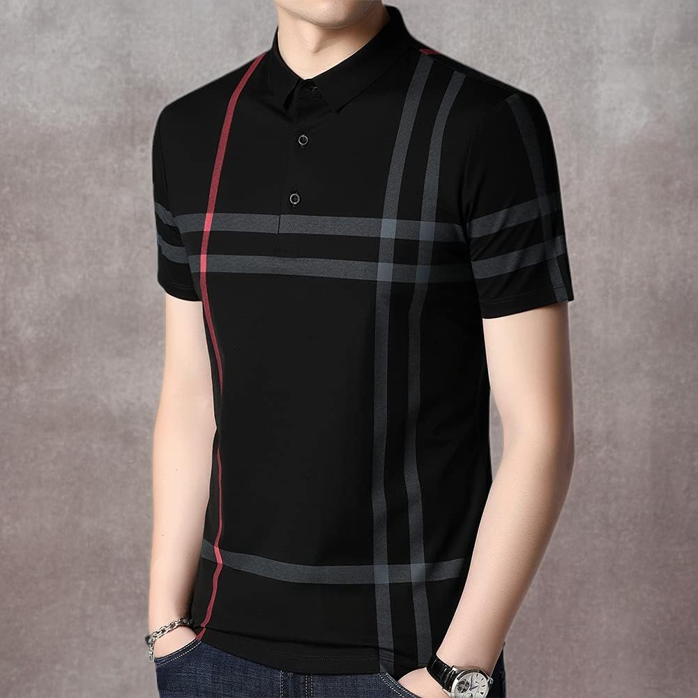 Mens Casual Striped Short Sleeve Collared T Shirt Polo Shirts - Image 4