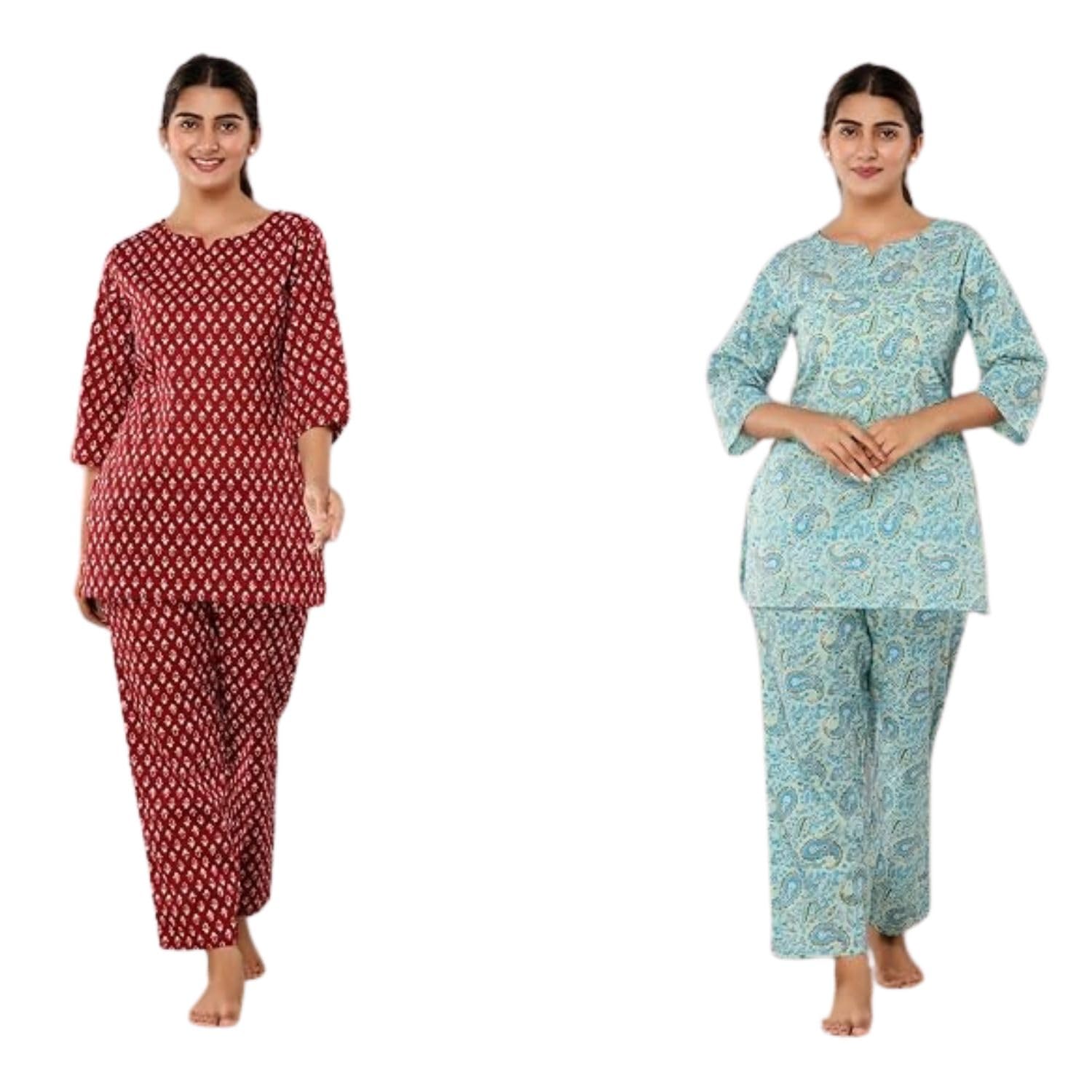 Women Printed Western Wear 02 Kurta, 02 Pants Cotton KCC246 Red Light Blue 4 Top & Pyjama Set-image-44