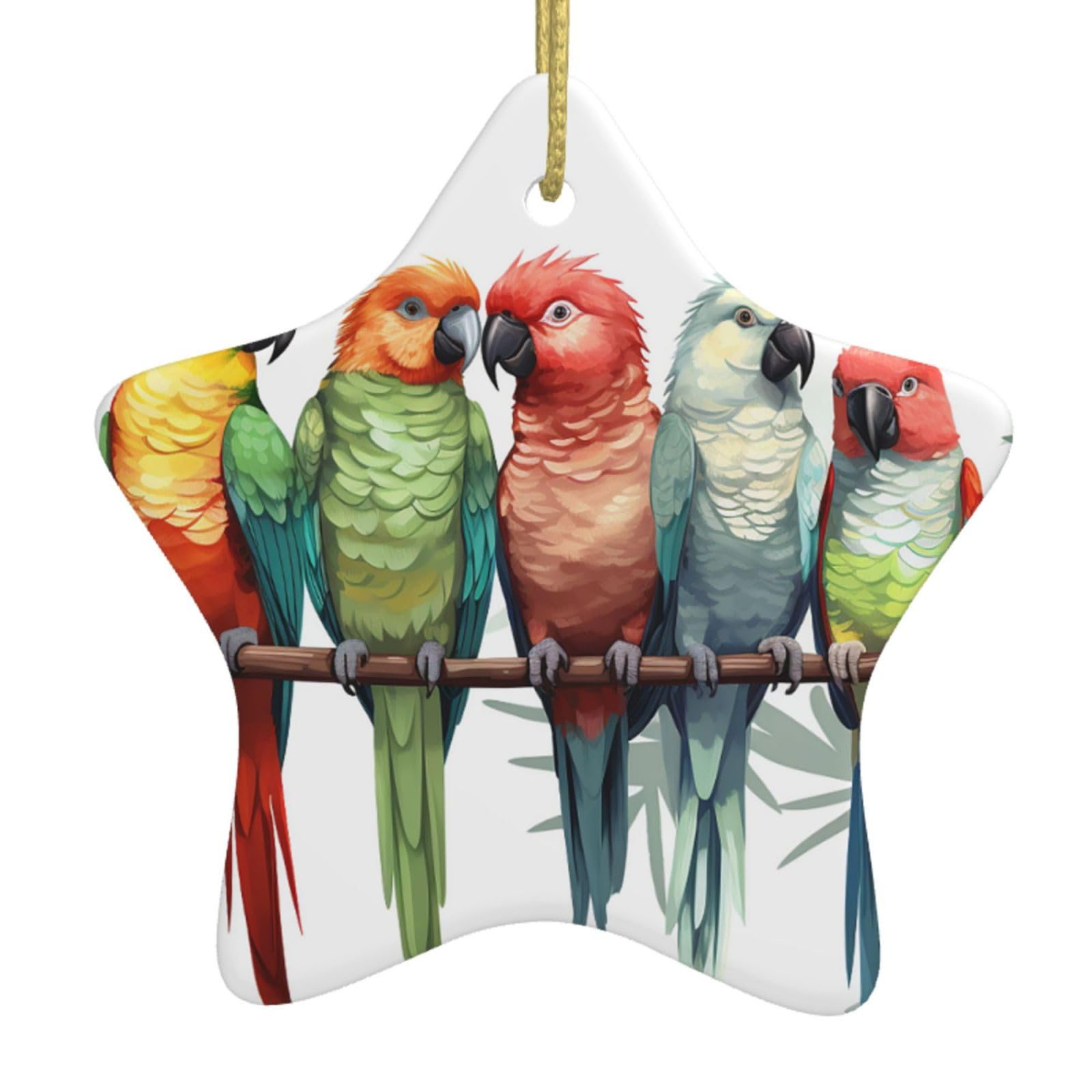 Ceramic Christmas Tree Hanging Ornaments with Gold Ropes Christmas Tree Decorations Star Ceramic Colorful Parrots On Tree Pendant Keepsake Decorations for Holiday Xmas Gift Ideas