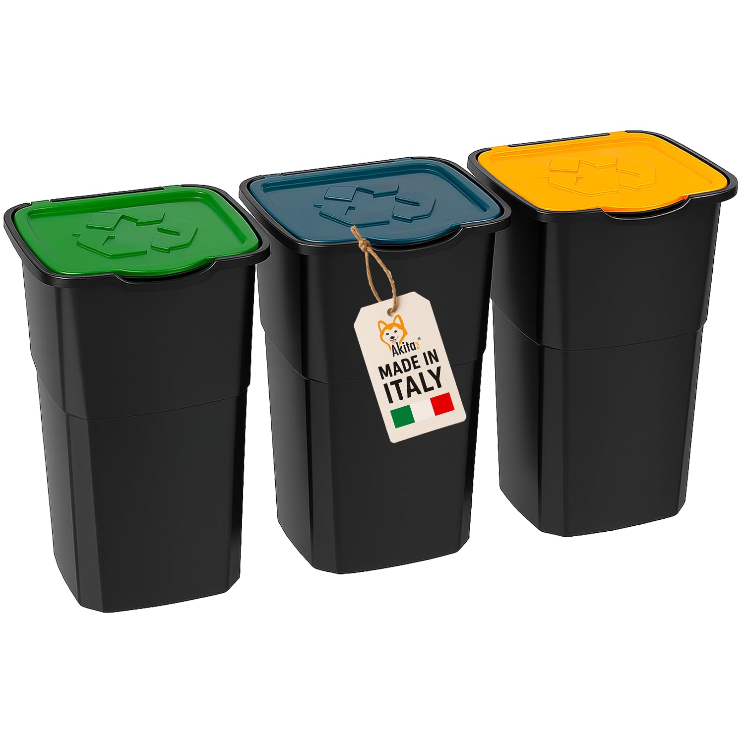 AKITAInk AKIECO3 Pattumiera Raccolta Differenziata 3x50L con Coperchi Colorati – Bidoni Spazzatura in Plastica Resistente per Interni ed Esterni – Casa, Ufficio, Giardino – Made in Italy