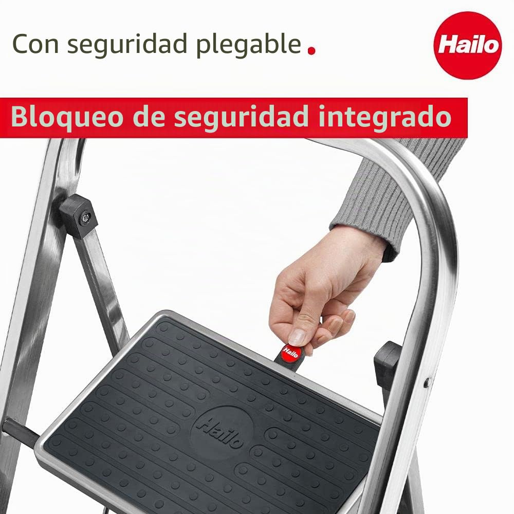 Hailo K30 3960161 Taburete de Aluminio con 2 Peldaños y Esterillas Antideslizantes, Plateado