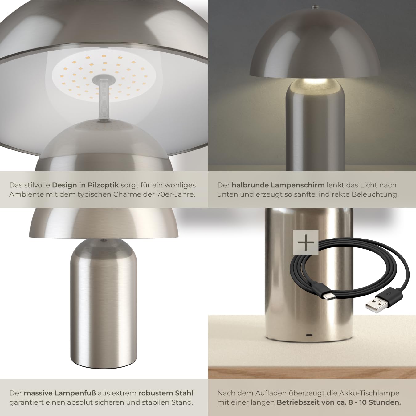 tectake® Tischlampe Vintage Pilzform, Pilzlampe Dekolampe, Tischleuchte, Leselampe, Nachtlicht, Lampe Wohnzimmer, Table Lamp, kleine Lampe, Tischlampe retro, kabellos- Nickel matt