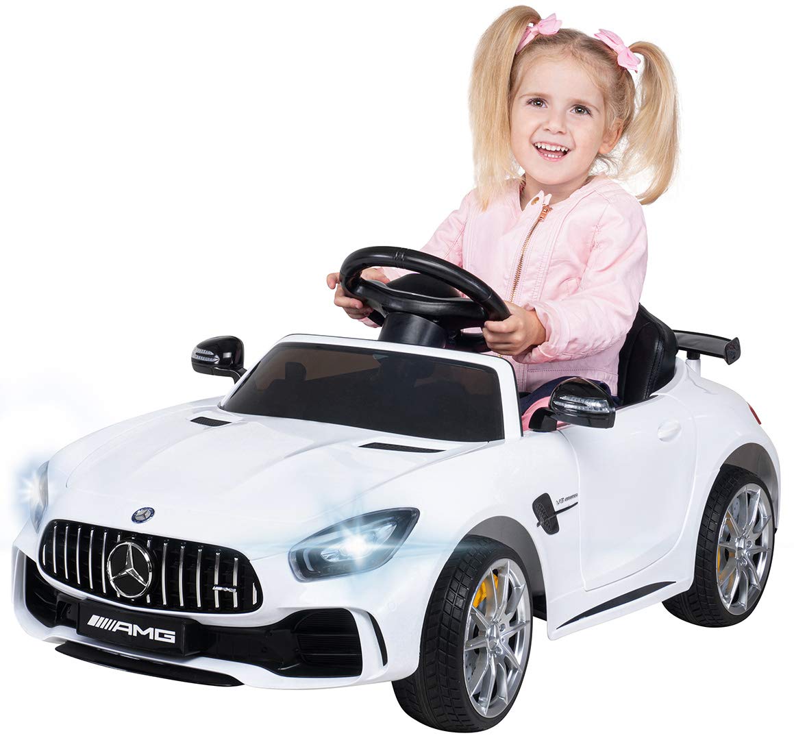 CARS12V Coche eléctrico para niños Mercedes GT-R con Licencia de 25 vatios, Asiento de Cuero, neumáticos EVA (Blanco)