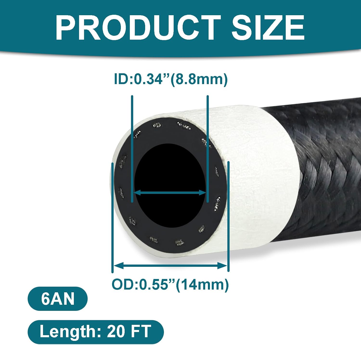 20FT 6AN Fuel Line, 3/8” Nylon Braided Fuel Hose CPE
