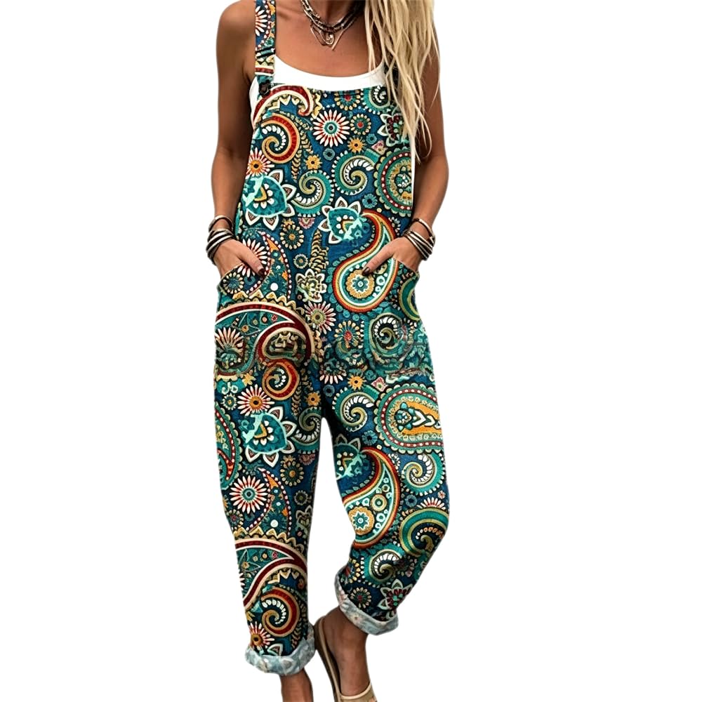 Generisch Damen Latzhose mit Druck Weite Bein SommerJumpsuit mit Tasche Lässiger Sommerhose Locker Overall Outdoorhose